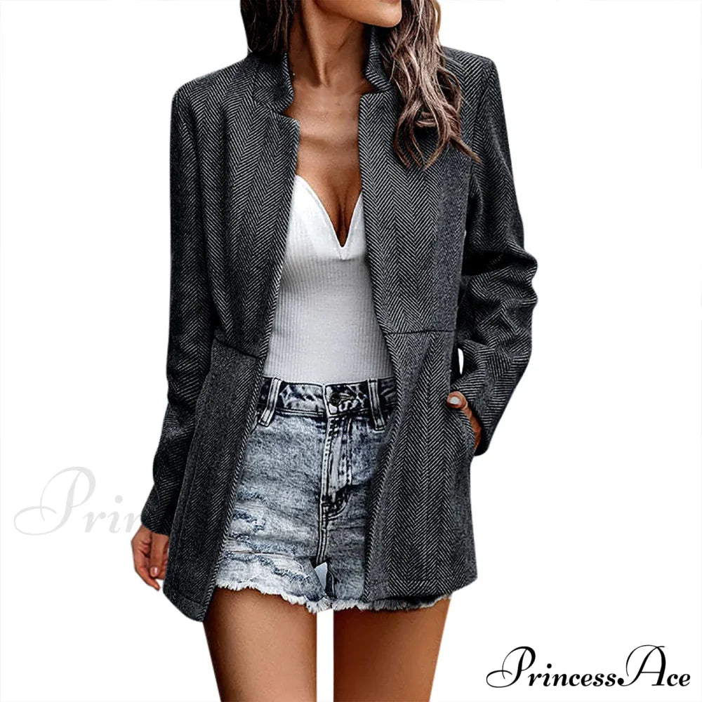 Autumn Winter Open Front Blazer Long Sleeve Stand Collar Trench Business Work Office Outwear Chic