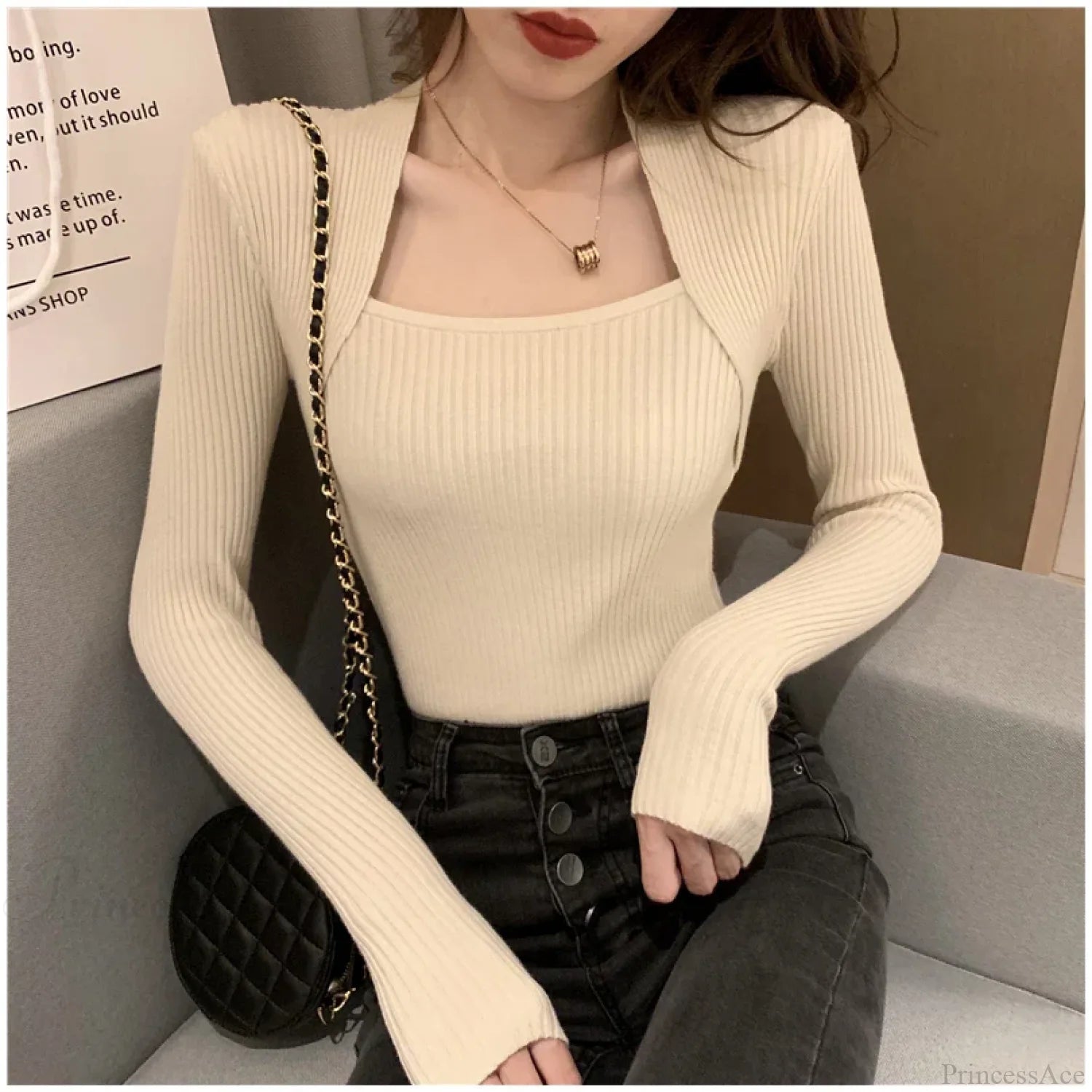 Autumn Winter Square Shawl Neckline Pullover Sexy Knit Top Beige / S knittop-250126