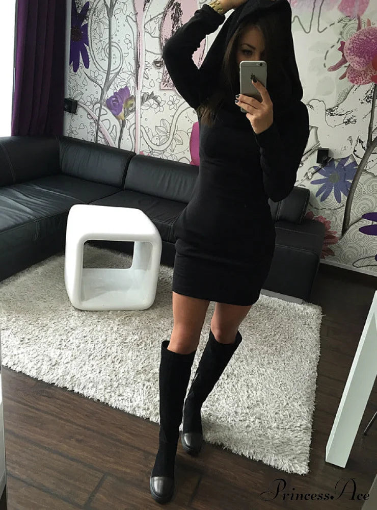 Autumn Winter Warm Long Sleeve Party Club Solid Dress S / Black Dresses