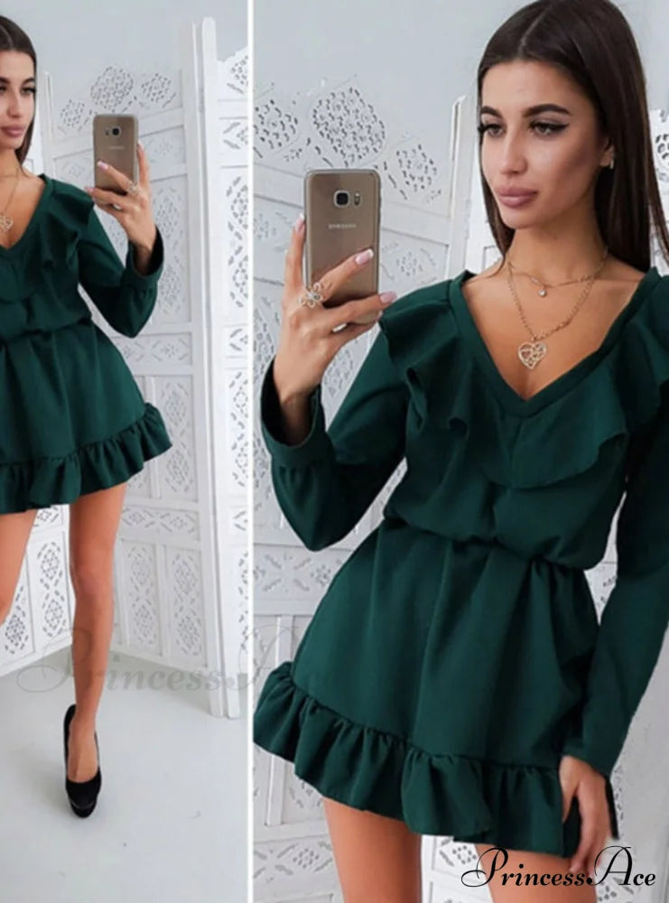 Autumn Women’s Dress With Solid Color Ruffles And Sashes S / Green Sweaters-L