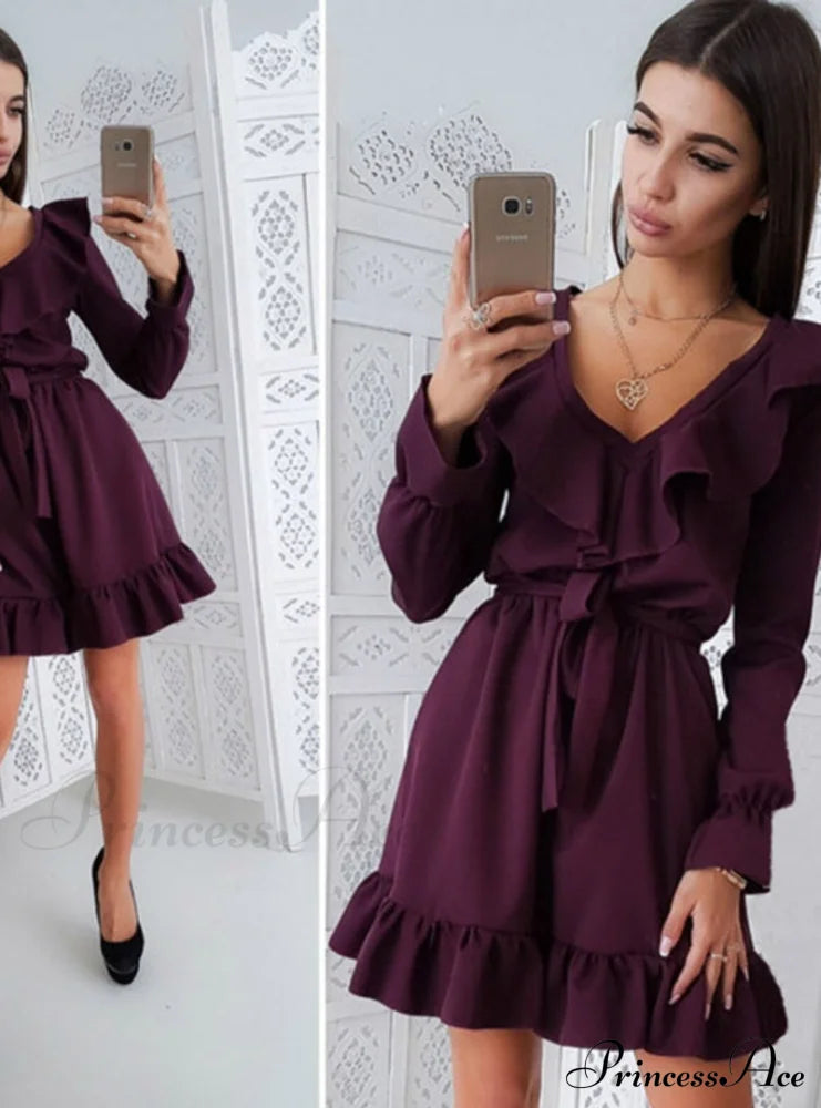 Autumn Women’s Dress With Solid Color Ruffles And Sashes S / Purple Sweaters-L