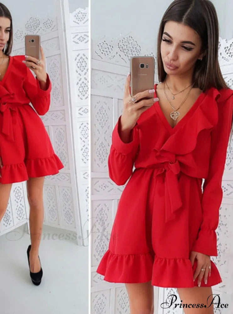 Autumn Women’s Dress With Solid Color Ruffles And Sashes S / Red Sweaters-L