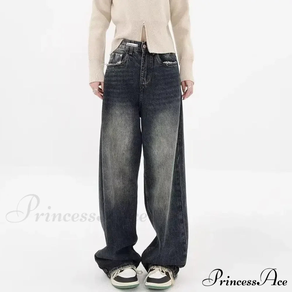 Autumnal American Retro Leopard Print Niche Design Casual Straight Wide-Leg Pants Jean