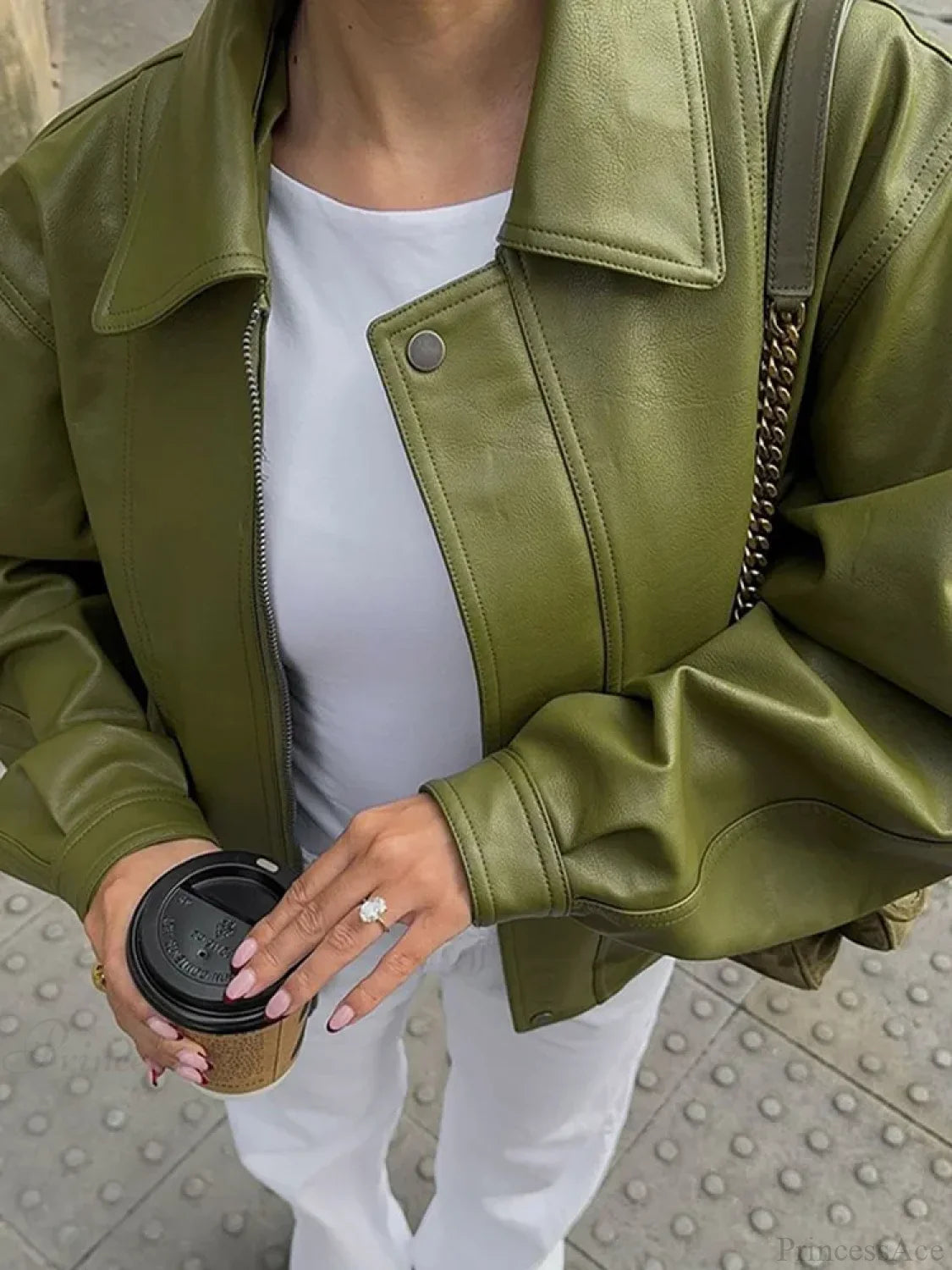 Avocado Green Single Breasted Leather Coat