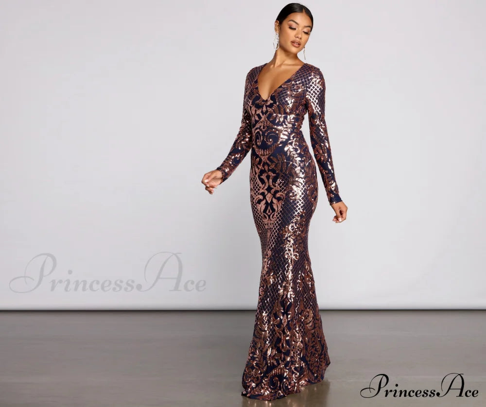 Ayla Formal Long Charming Sleeve Sequin Scroll Dress S.o. Long Dresses