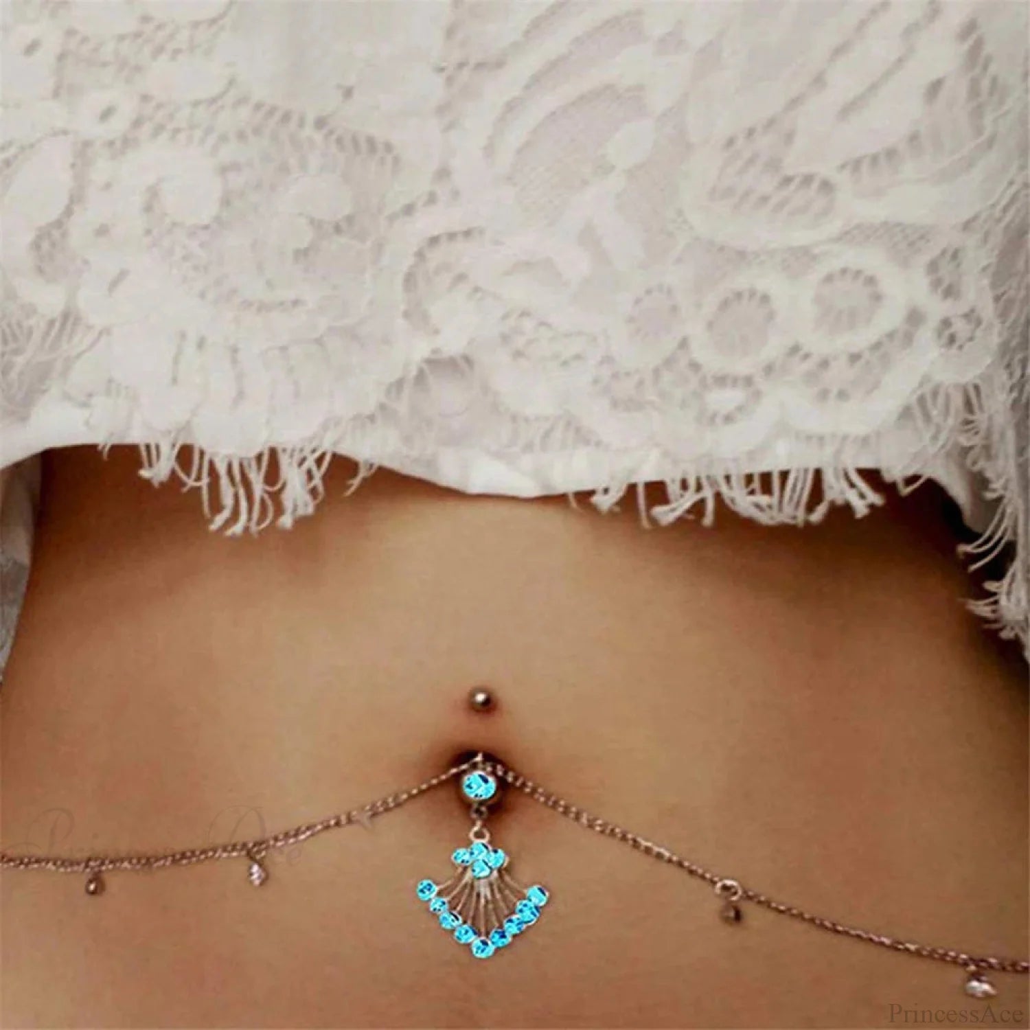 Azure Zircon Peacock Tail Medieval Belly Ring blue
