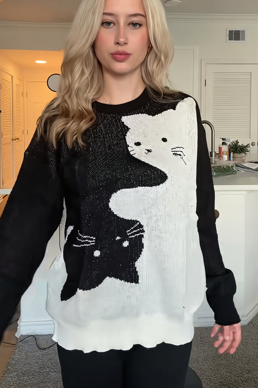Cat Graphic Crew Neck Sweater