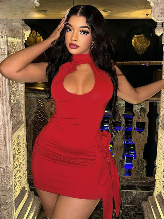 3D Flower Decoration Red Vacation Dresses Sexy Hollow Backless Bodycon Christmas Party Dress / S