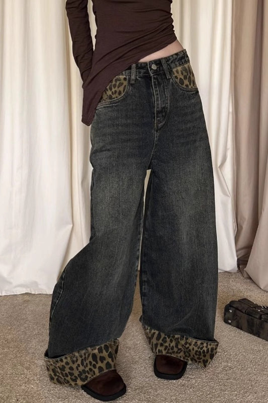 Patchwork Vintage Leopard Cuffed Wide Leg Jeans
