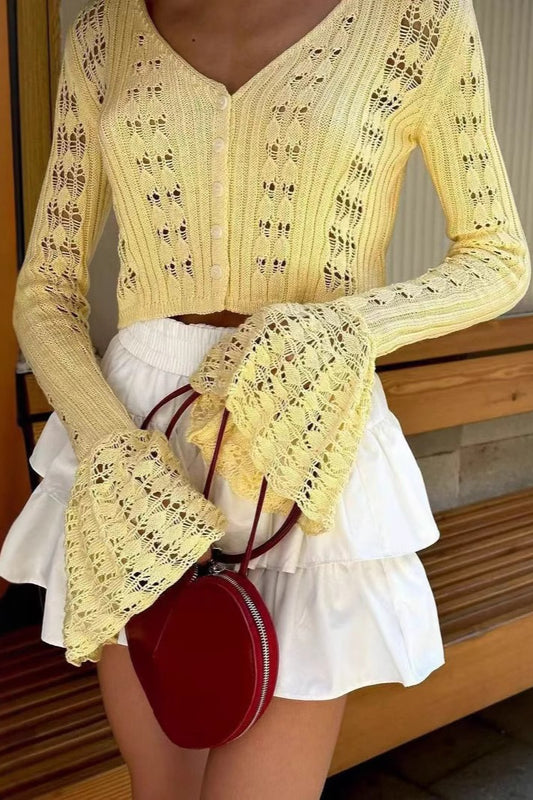 Strickjacke mit V-Ausschnitt, einfarbig, kurz und langärmelig