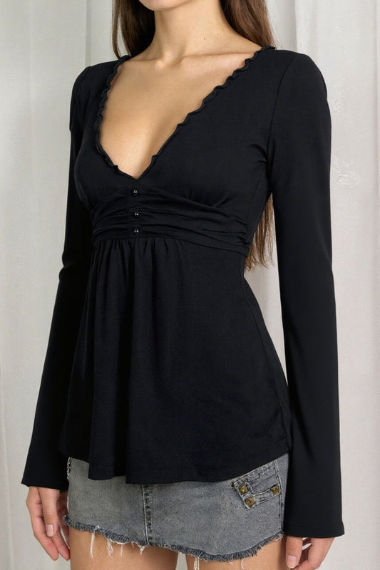 Ruffle Trim Button Long Sleeve Tee