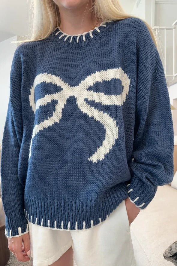 Bow Jacquard Knit Pullover Sweater Blue / S