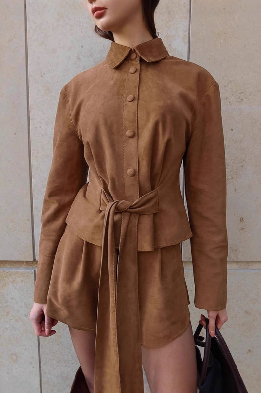 Vintage Brown Suede Tie Waist Cropped Two Piece Set