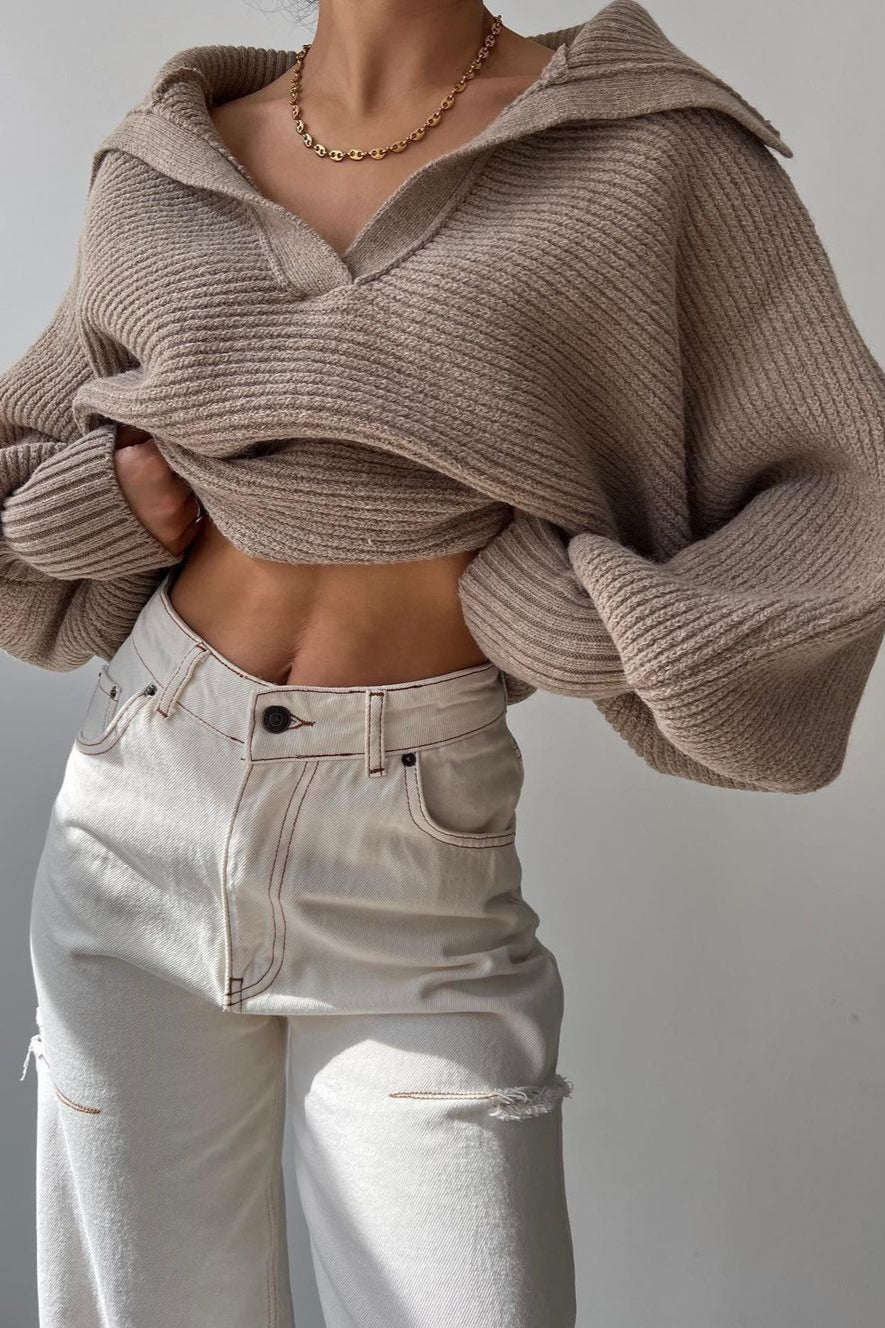 Lantern Sleeve Open Collar Knit Sweater