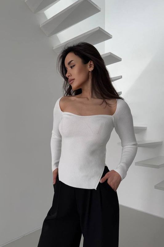 Stretch-Rippstrickoberteil mit langen Ärmeln