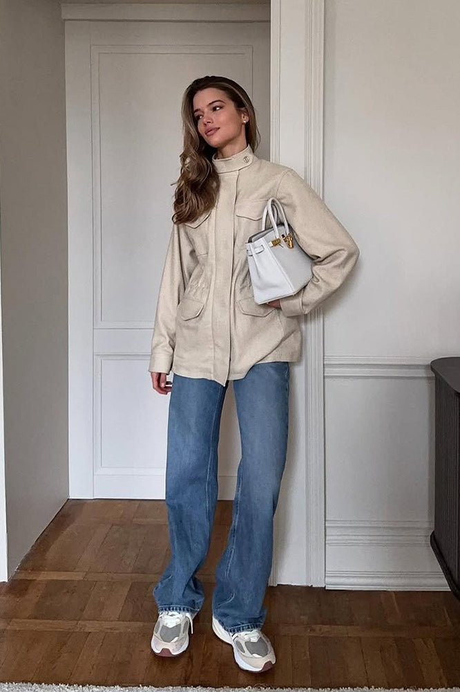 Retro Solid Collared Elastic-Waist Long-Sleeve Trench Jacket