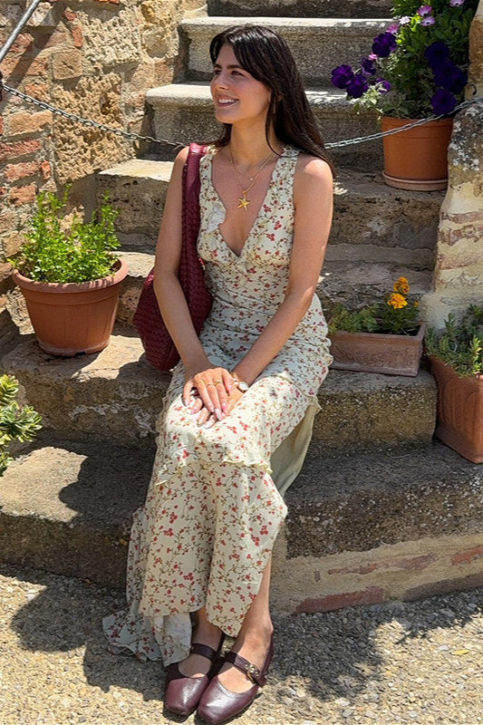 V-Ausschnitt Neckholder-Kleid mit Blumenmuster, Rüschen und schmaler Silhouette