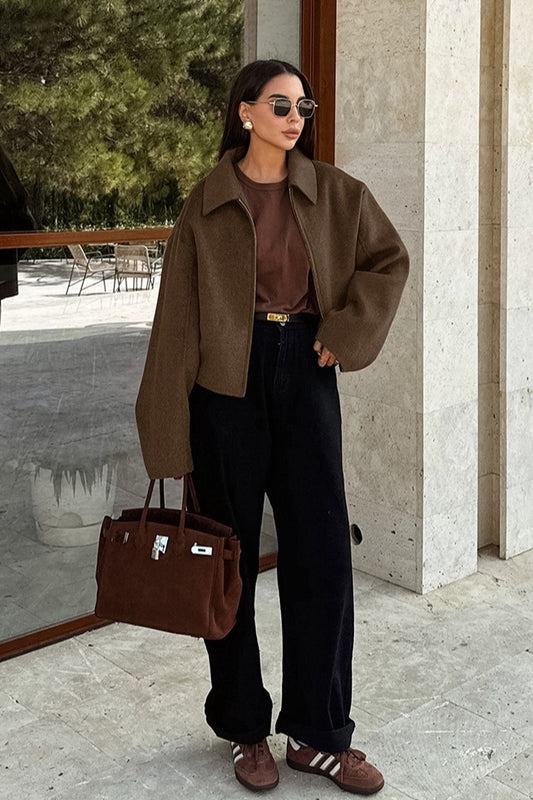 Collared Zip Front Wool Blend Jacket