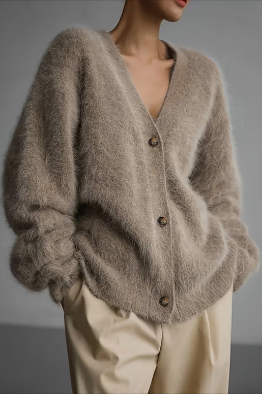 Fuzzy V Neck Balloon Sleeve Cardigans