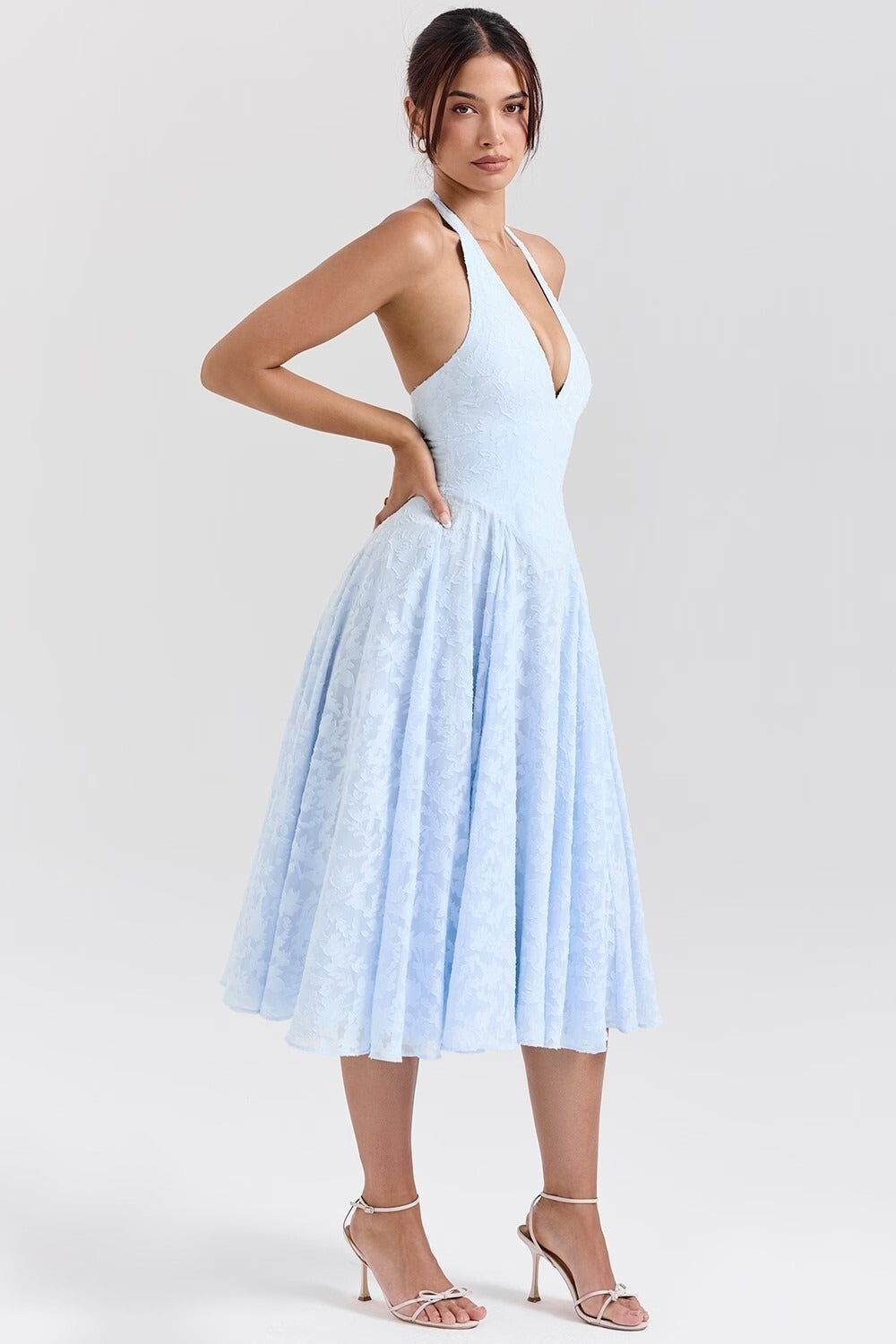 Romantic Blue Halter Jacquard Party Dress