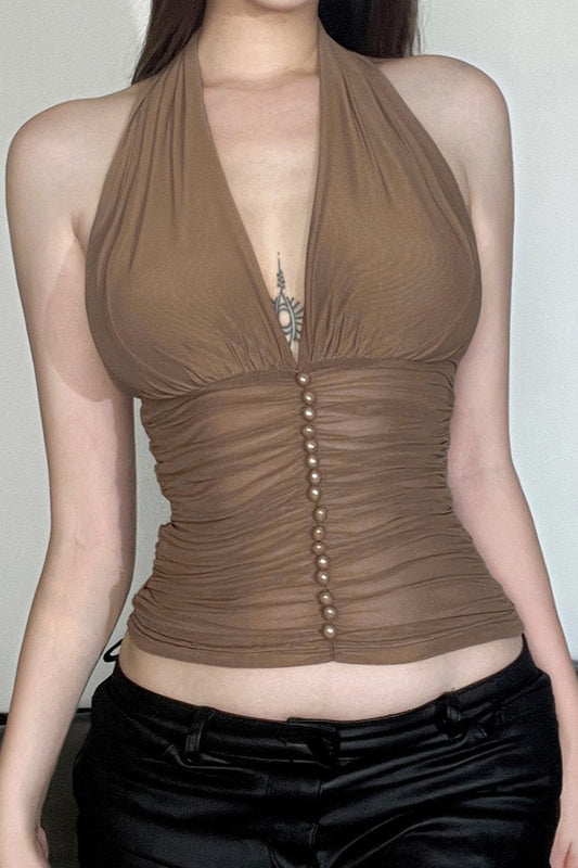 Sexy Tanktop mit V-Ausschnitt, Neckholder und Raffungen aus Mesh