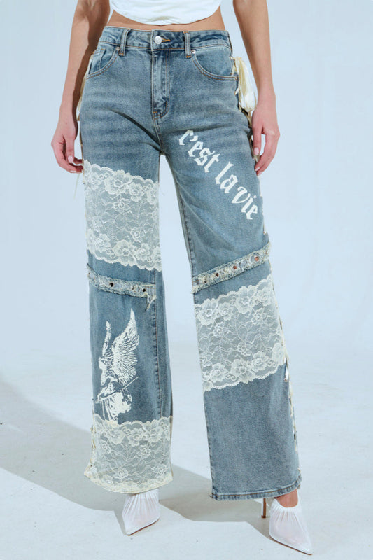 Low Waist Lace Panel Straight Stylish Jeans Blue / S