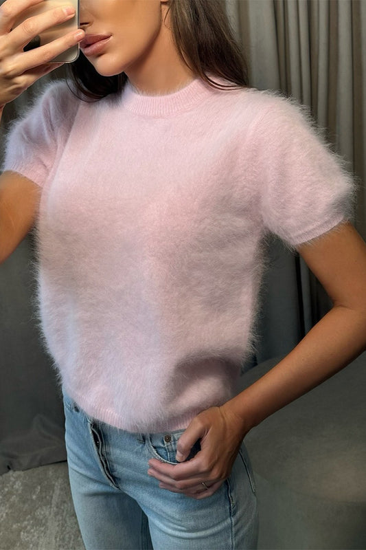 Fuzzy Short Sleeve Crew Knit Sweater