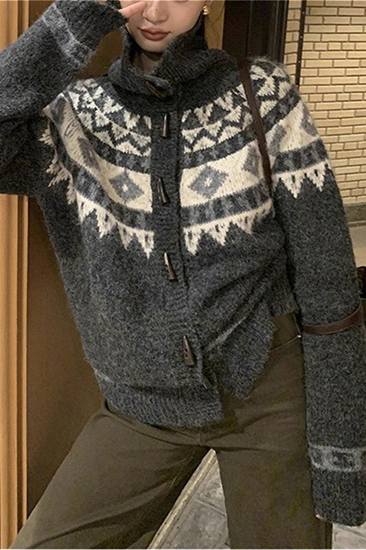 Jacquard-Kragen, Hornknopf, Retro-Strickjacke, locker gestrickt