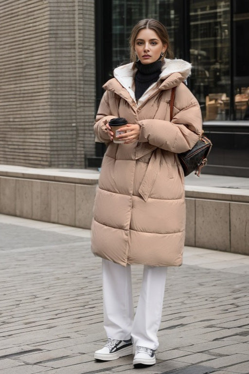 Colorblock Mid-Length Hooded Puffer Puffer Jacket M / Khaki