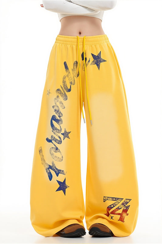 Graphic Star Drawstring Wide Leg Pants
