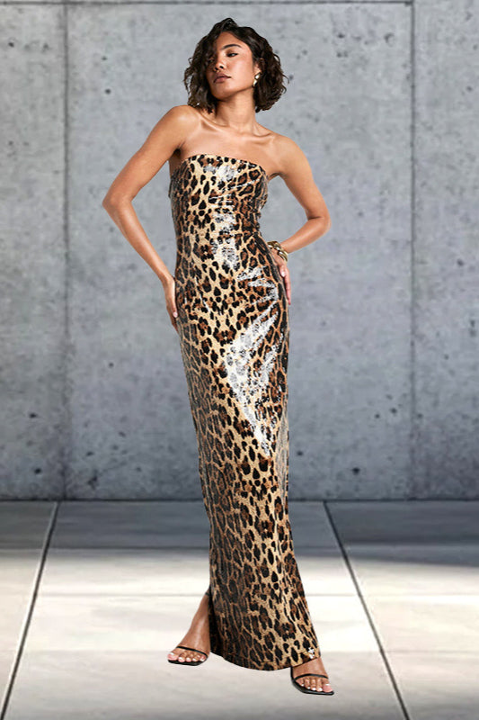 Trägerloses Maxikleid mit Leopardenmuster und Farbblockdesign