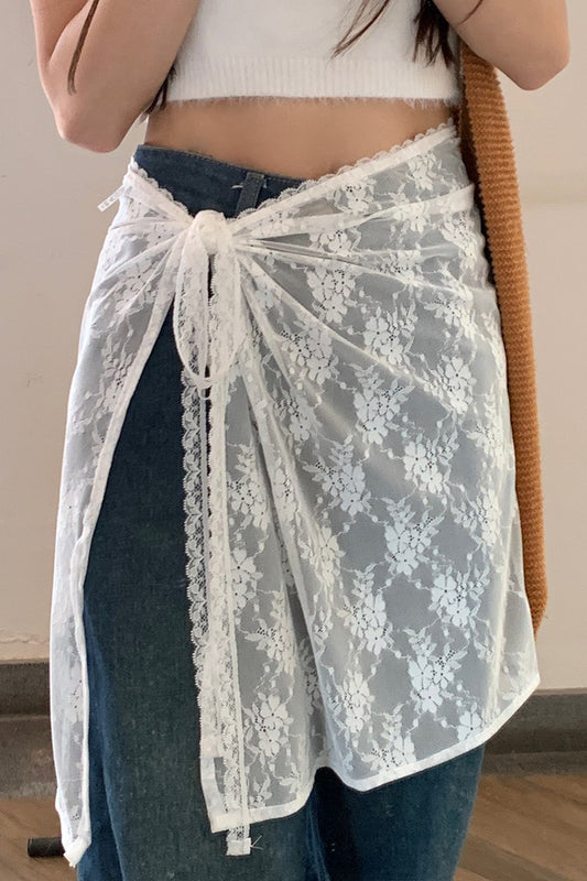White Lace Apron Skirt with Tie Versatile Half Skirt