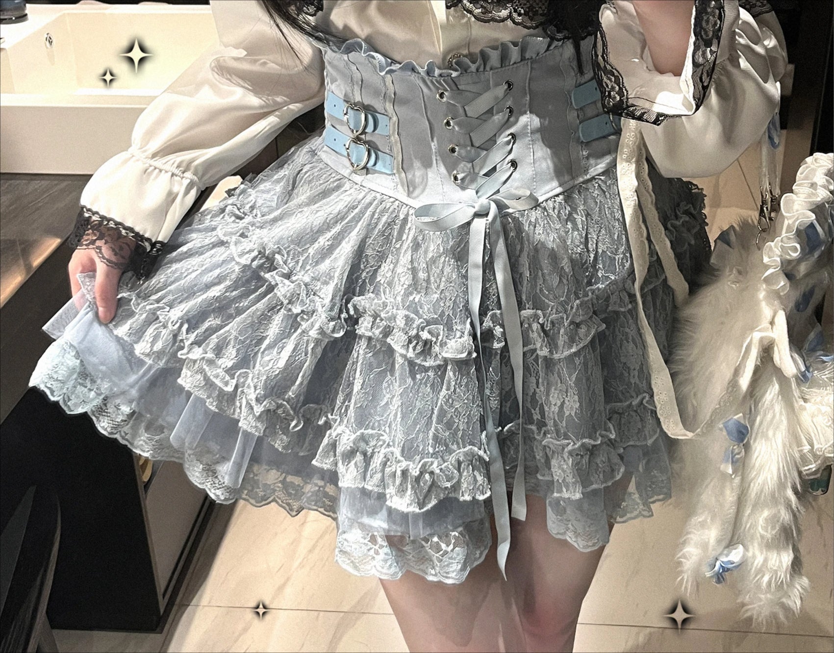 Delicate Frill Ribbon Mini Skirt Blue / One Size