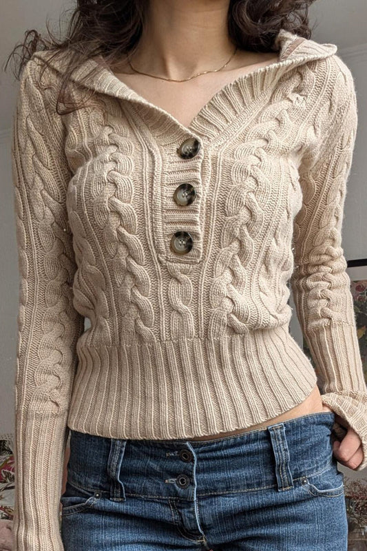 Vintage Solid Hooded Cropped Waist Button Long Sleeve Sweater Khaki / S
