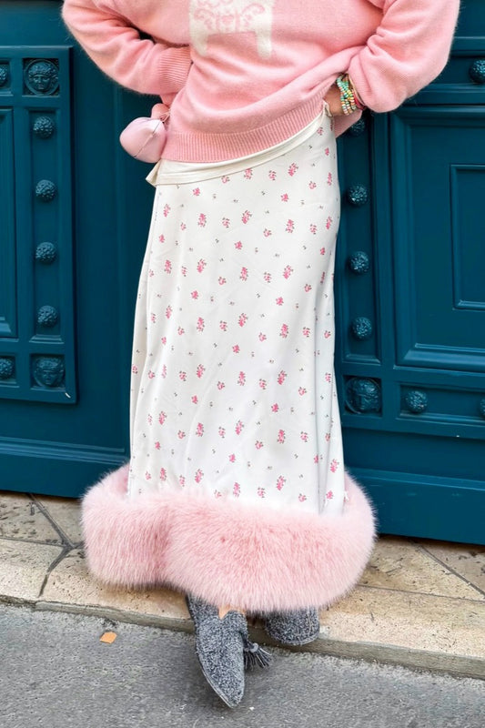 Floral Faux-Fur-Trim Maxi Skirt