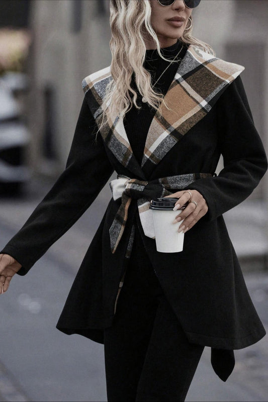 Plaid Patchwork Belted Wool Coat coats
