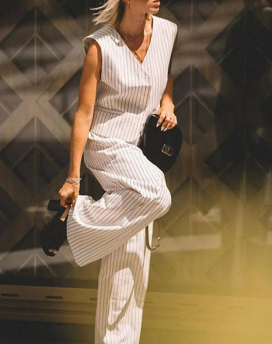 Weißes bedrucktes, ärmelloses Büro-Zweiteiler-Set mit V-Ausschnitt