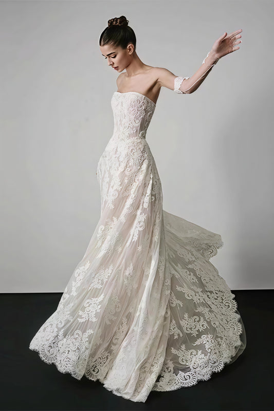 Vintage Lace Bandeau Floral Print Reception Dress