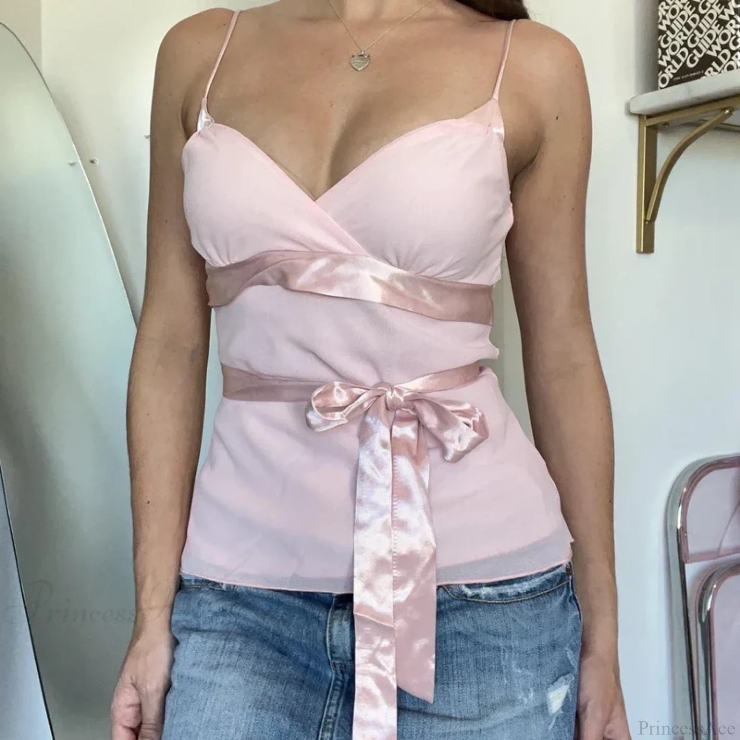 Baby Pink Babydoll Satin Ribbon Bowknot Fairy Sleeveless Y2K Crop Top croptop-250126
