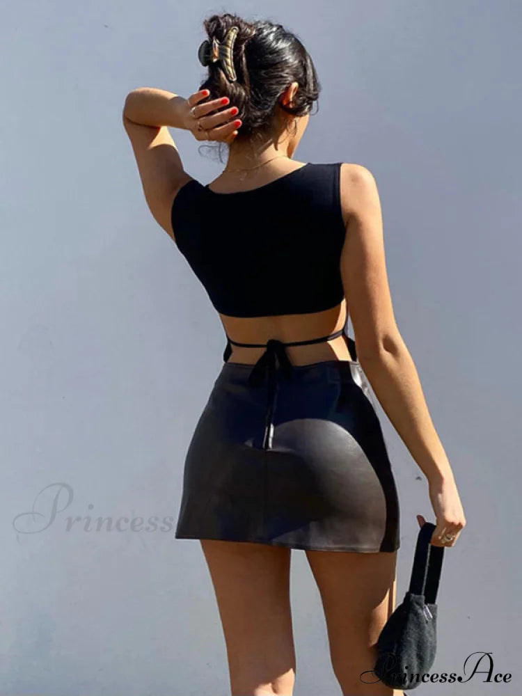 Backless Irregular Back Crop Straps Top Women’s Sleeveless - Black / L