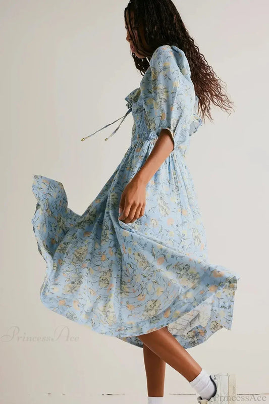 Backless Ruffled Hem Printing Midi Boho Dress bohodress-250126