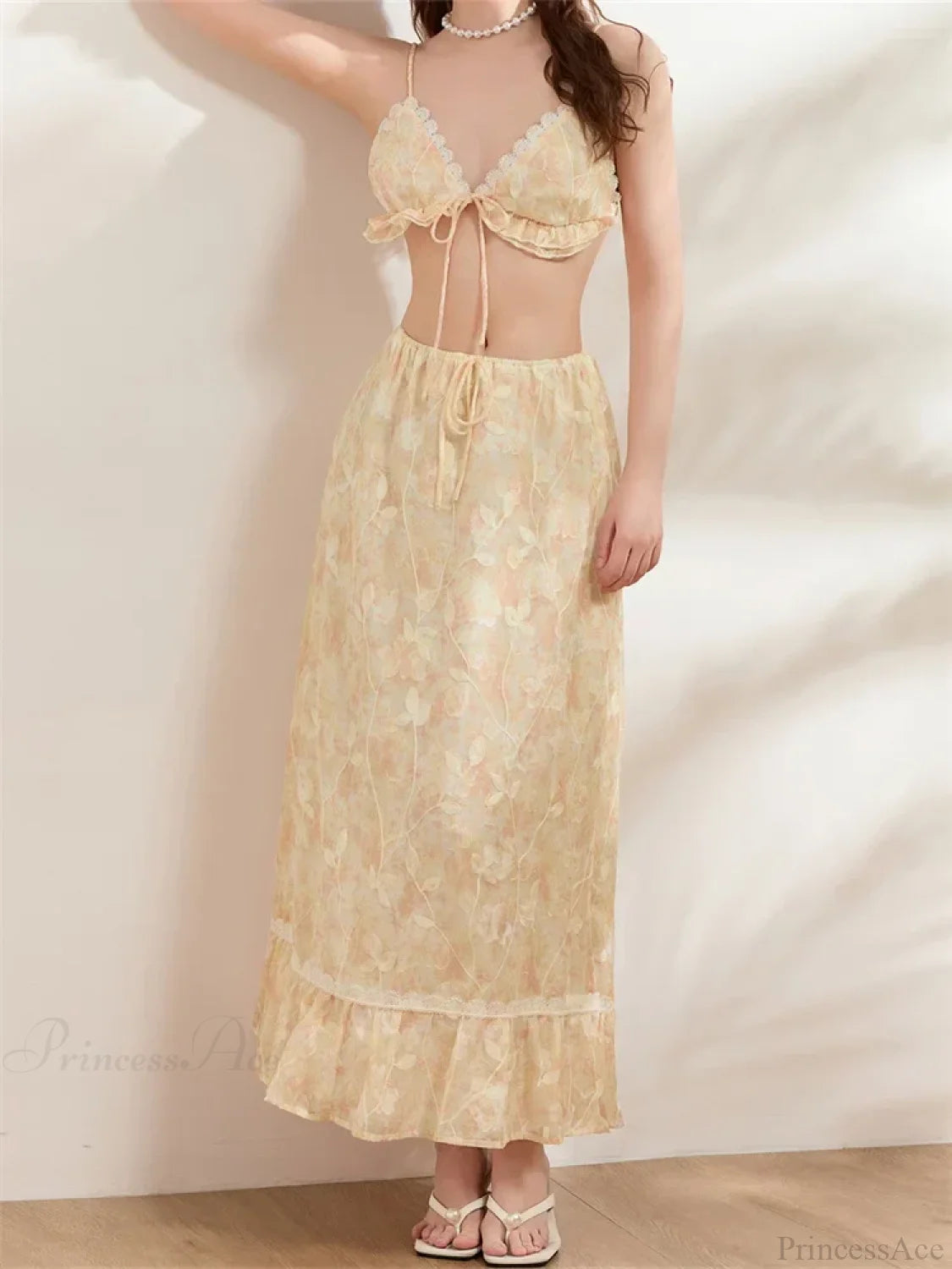 Backless Tie-up Camisoles Crop Top with Long Skirts Set skirt-250126