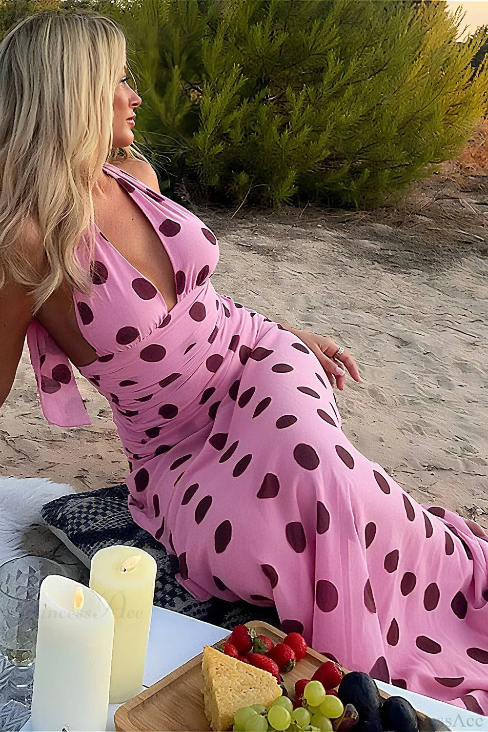 Backless Tie Waist Polka Dot Maxi Dress