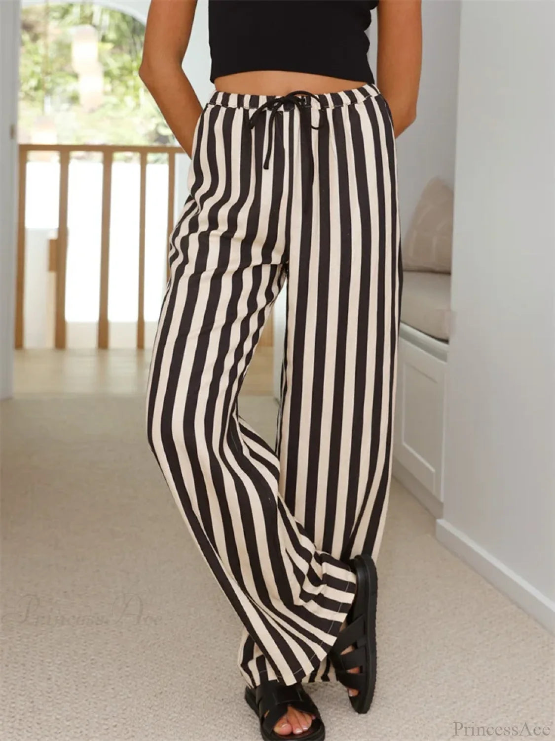 Baggy Striped Drawstring Wide Leg Summer Pant BLACK / S pant-250223