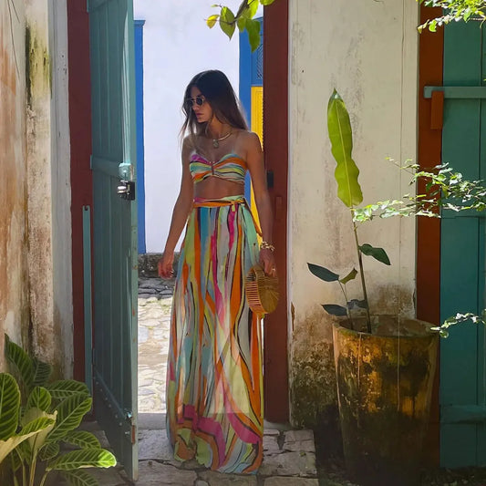 Bandage Bikini Set with Printed Pants Three Piece Swimsuit color / S