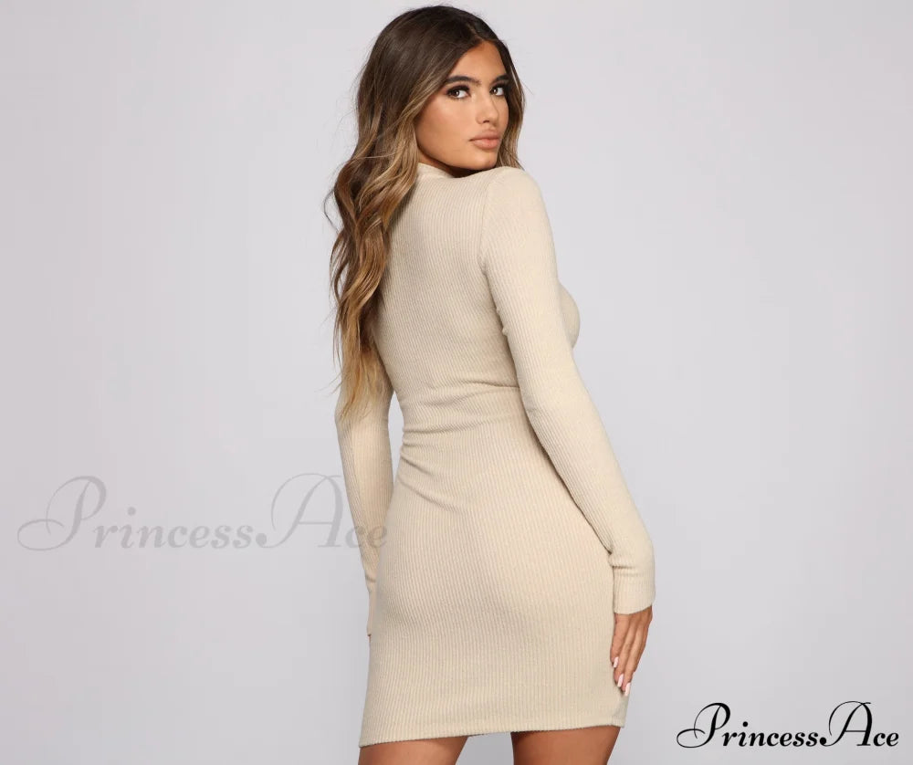 Basic Babe Ribbed Charming Knit Mini Dress Casual Dresses