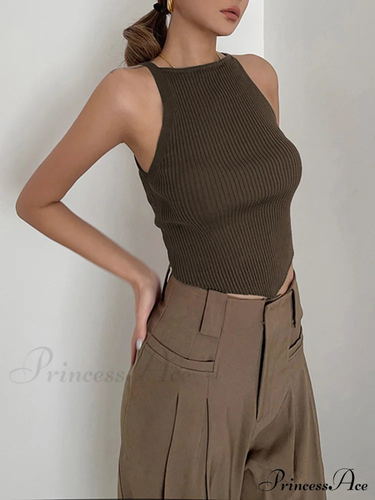 Basic Ribbed Graceful Sweater Vest Light Brown / S Sweaters-L