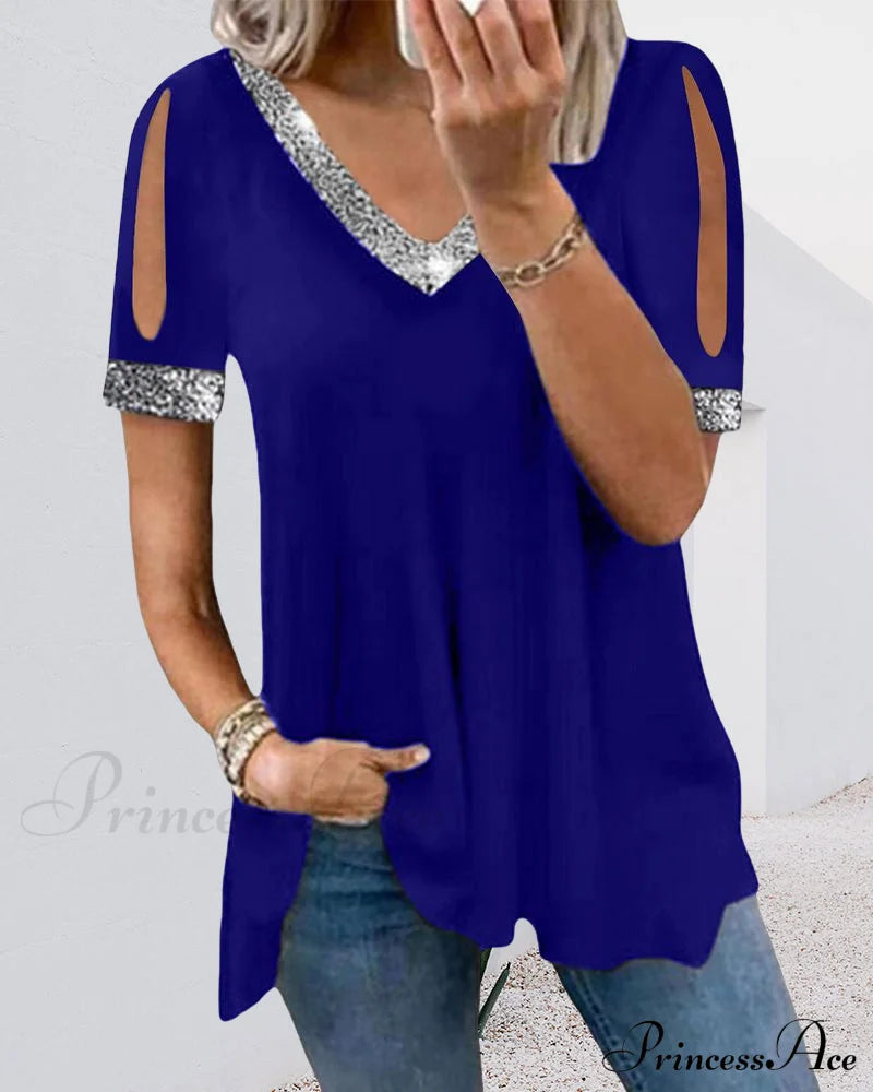 Solid V neck t-shirt Blue 23BF clothes Short Sleeve Tops T-shirts Tops/Blouses
