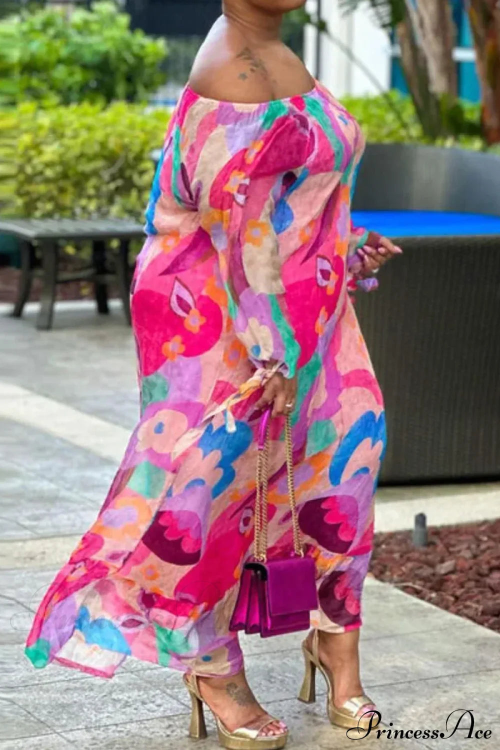 Bateau Neck Off Shoulder Sexy Long Sleeve Boho Dress