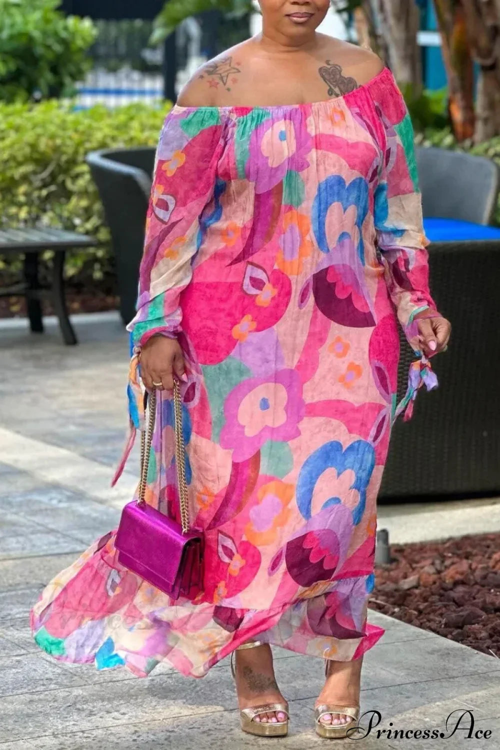 Bateau Neck Off Shoulder Sexy Long Sleeve Boho Dress Rose Red / L